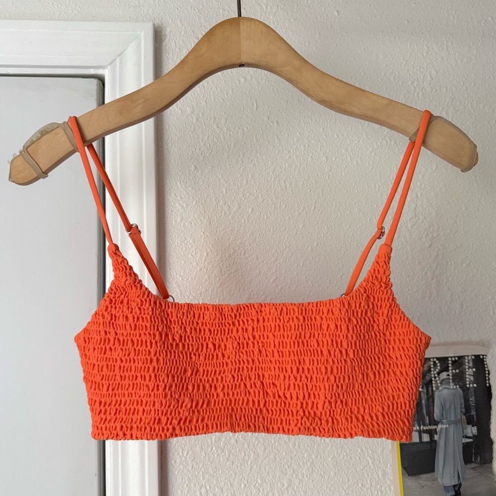 AILA BLUE Orange citrus smocked scrunchy textured square neck swim bikini tank